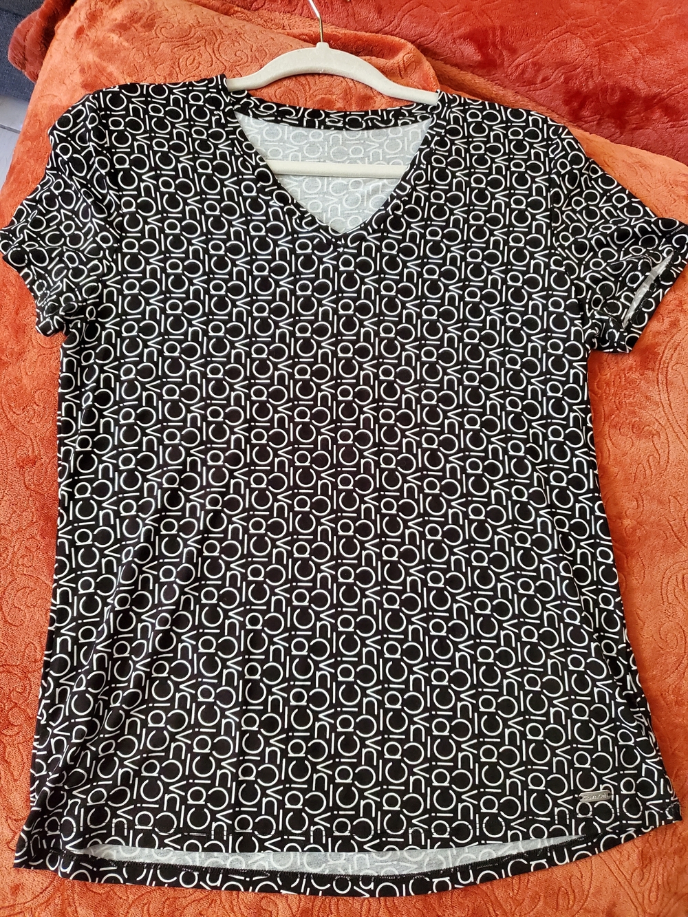 Calvin Klein Black & White V-Neck Short Sleeve Logo-Print Top